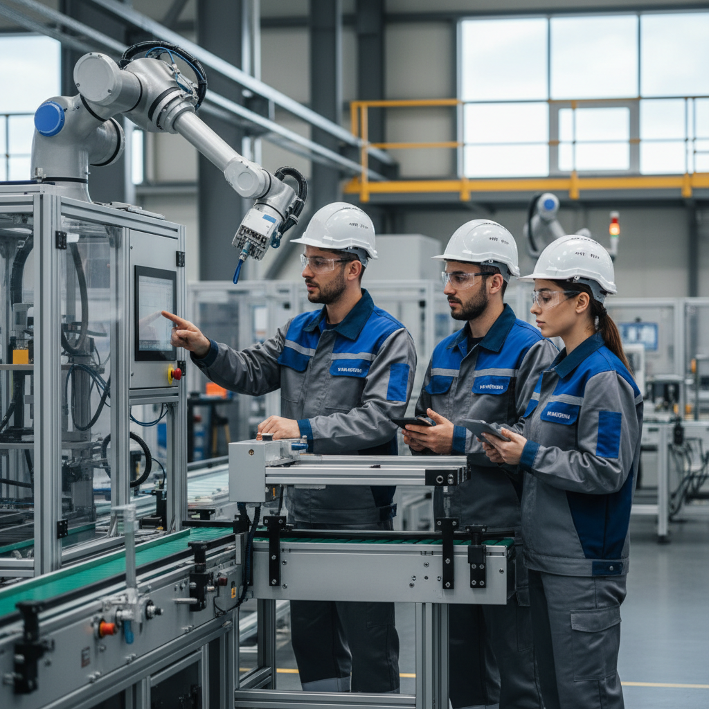 Travailleurs roumains qualifiés sur machines high-tech.