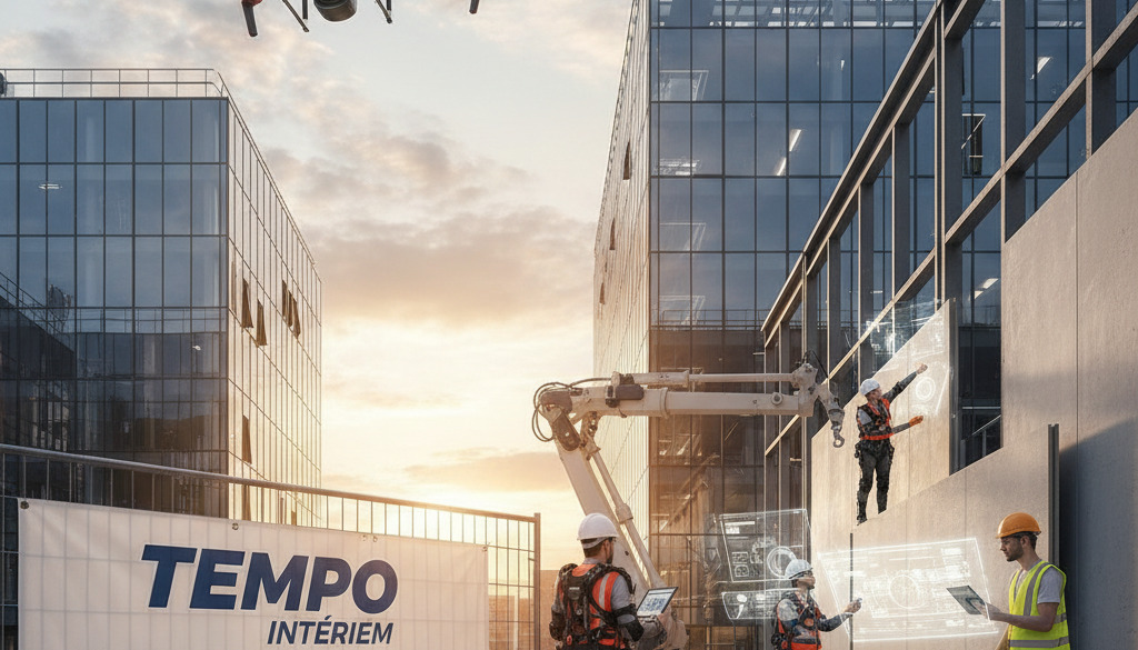 solution pénurie de main-d'oeuvre BTP - Chantier moderne avec ouvriers qualifiés et outils technologiques.