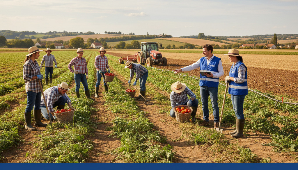 Ouvriers agricoles européens travaillant dans un champ.